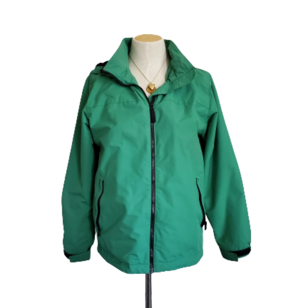 Lands End green navy blue waterproof hooded rain jacket
